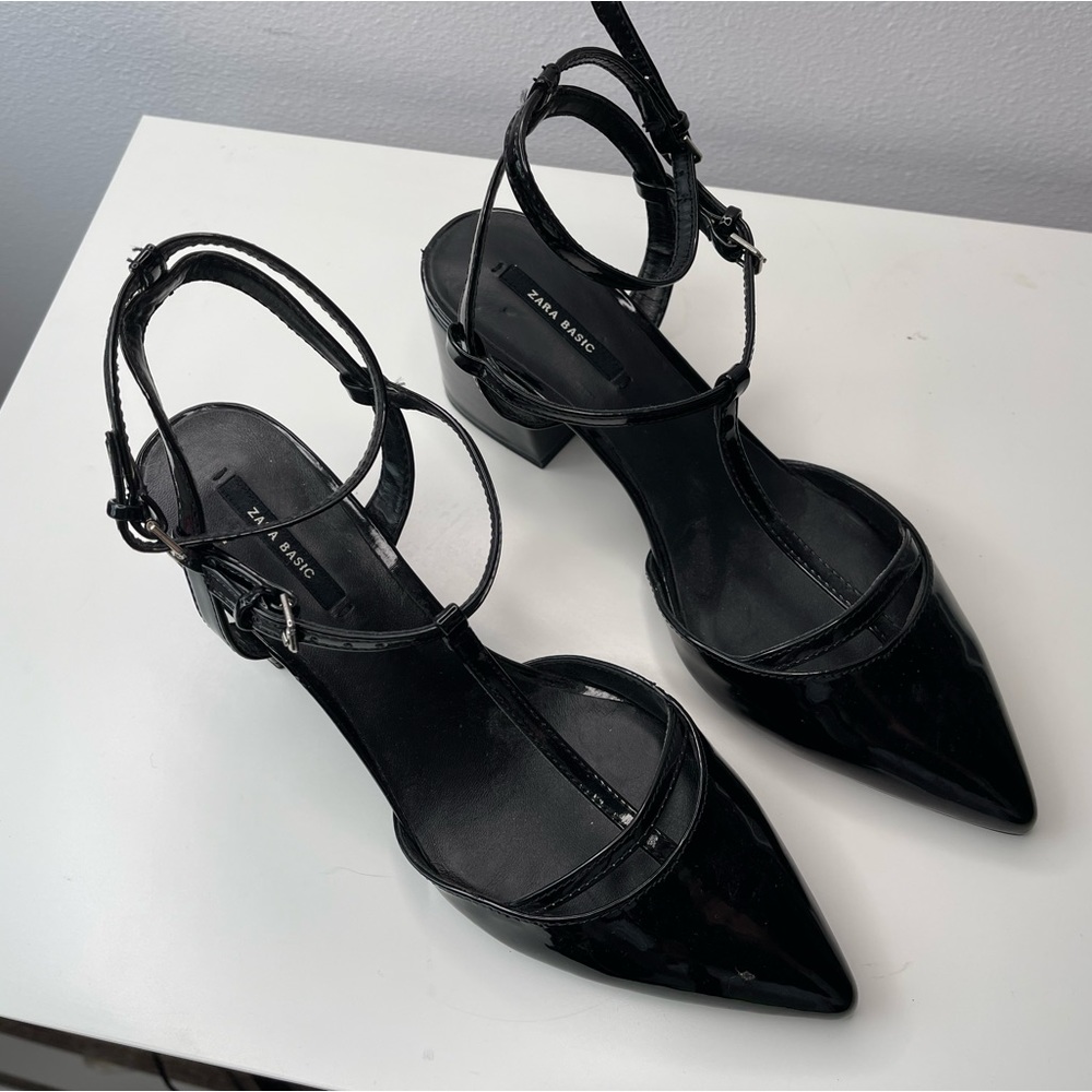 black zara patent leather pointed toe heels with double t strap, size 7.5